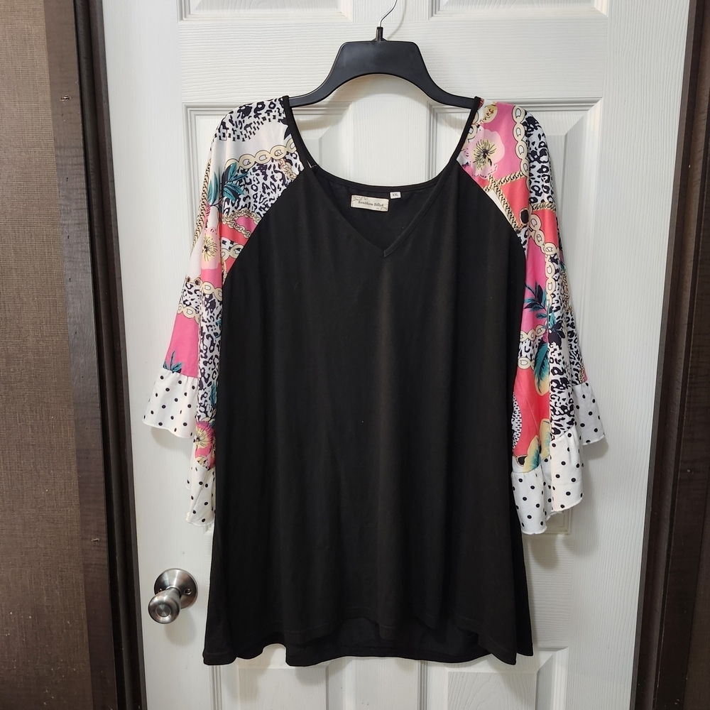 Southern Stitch XXL Boho Black Top Scarf Print Ruffle Bell Sleeve Mixed Print